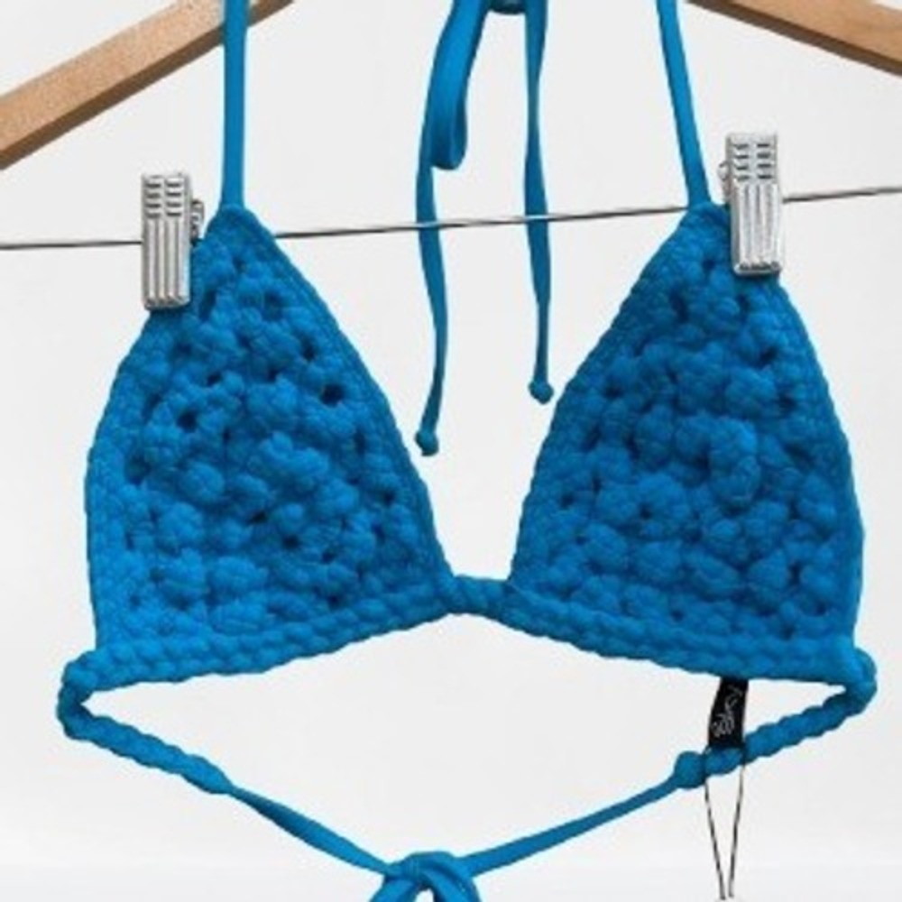 NEW Sky Turquoise Blue Crochet Triangle‎ Bikini Top Swim Small